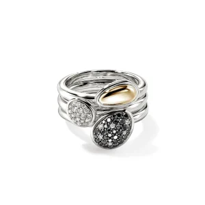 Women John Hardy Rings>Pebble Stacking Rings, Sterling Silver, Gold, Black Sand Diamond Pavé